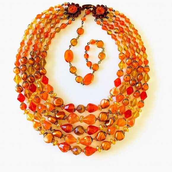 Mid-Century West German Gablonz Glass Beaded Triple Strand Necklace Floral Clasp - Picture 3 of 10